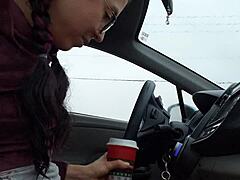 Solo female orgasm in the car