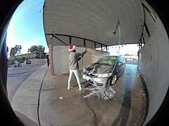 Car wash with naughty brunette