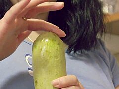 Vegetable anal play in kitchen