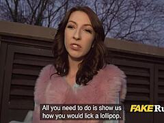 Public lollipop sucking European babe