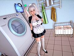 Maid cosplay with footjob action