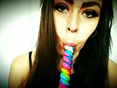 Big ass blonde enjoys lollipop