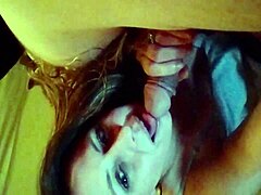 Amateur with big tits gives blowjob during home office work.