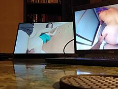 guy masturbates at his desk with computer