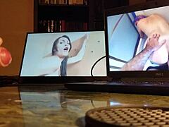 guy masturbates at his desk with computer