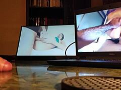 guy masturbates at his desk with computer