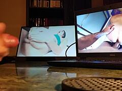 guy masturbates at his desk with computer