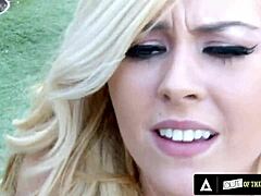 Blonde gets deepthroat and fingered