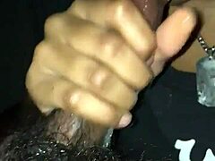 Ebony babe gives sloppy deepthroat blowjob to black guy 😈