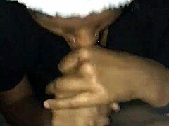 Ebony babe gives sloppy deepthroat blowjob to black guy 😈