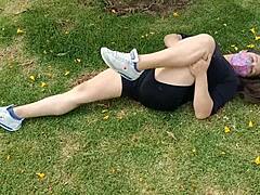 teen latina does exercise without underwear, shorts with hole