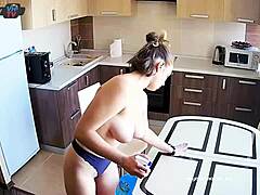 Amateur MILF cleans up kitchen