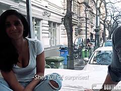 Busty babe gives public blowjobs