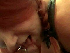 Redhead milf gives voyeur blowjob to music lover