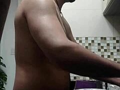 Watch macho guy washing dishes naked in doggystyle