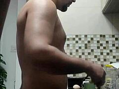 Watch macho guy washing dishes naked in doggystyle