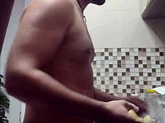 Watch macho guy washing dishes naked in doggystyle