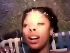 Young 18+ chick in cumshot frenzy with black interracial orgy sucking and fucking.