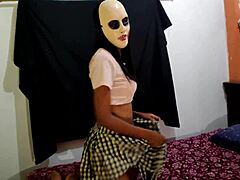 brunette student new to porn climbs bed, dances sexy waiting for boyfriend's halloween sex