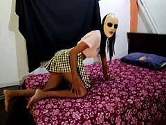 brunette student new to porn climbs bed, dances sexy waiting for boyfriend's halloween sex