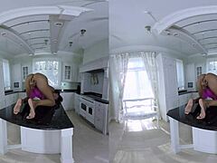 In virtual reality, the ebony chocolate girl spreads her legs on the desk for a close-up POV masturbation session.