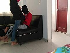 Stepsister puts on mask, milks me in living room.