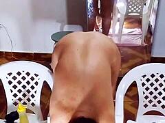 bbw amateur undresses in lingerie and uses toys at home