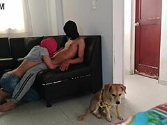 Stepsister puts on mask, milks me in living room.