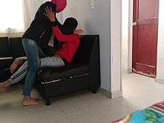 Stepsister puts on mask, milks me in living room.