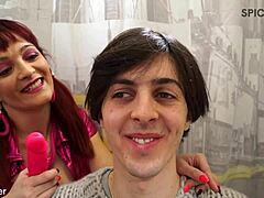 The manga pussy hero gets fucked in the shop by a redhead with big tits