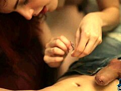 Spanish redhead teen takes control, licking and sucking him