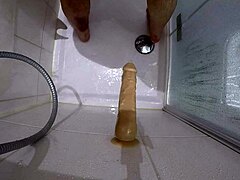 big slut endures rough bloody dildo fuck in shower as bdsm slave