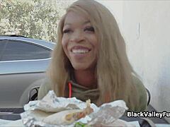 Ebony beauty Harmonie blows cock after her taco interview.
