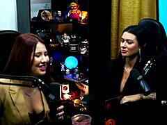 Pocahontas Carioca and Isa Albuquerque hook up during podcast, sucking Clara Dalcol's tits