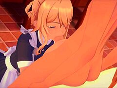 原神3D卡通女仆群P本子三人行场景。