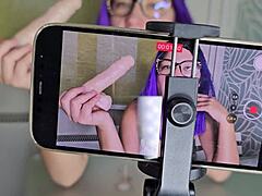 blonde amateur makes sloppy homemade blowjob with dildo