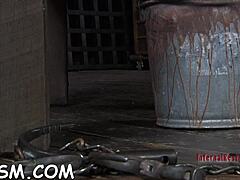 Brunette babe gags and chokes on cock while masturbating with toys in hardcore BDSM scene