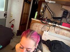 a beautiful young teen woman submissively licks and sucks big hard cock in homemade scene reaching orgasm with small tits