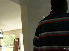 Ebony babe in lingerie teases guy before enjoying his massive black cock drilling