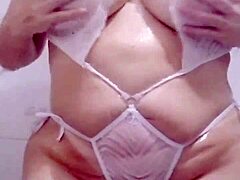 Blonde slut bathes without husband knowing, loves giving pink pussy and ass