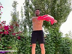 Sexy exib man loves flashing in parking lot