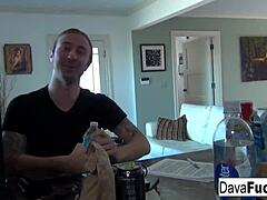 brunette dava fucks chad alva on white couch with blowjob