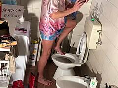 Shemale gets massage then masturbates with cumshot and pissing action