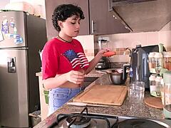 Cutting vegetables while fucking her pussy