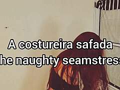 The naughty seamstress eyes the client's cock during the fitting