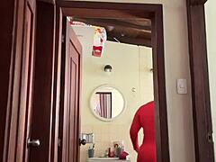 My cute neighbor is in the bathroom, perhaps masturbating.