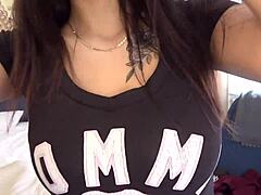 Slim asian darsia with huge tits gets raw creampie.