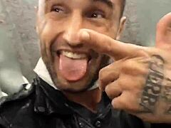 Girlfriend sucks cock in shop bathroom, bent over for doggy fuck.