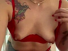 alina modelista feels sexy in red lingerie, teasing with oil on her big ass.