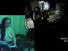 bbw brunette with big natural tits plays naked deadspace. she continues the game through part 2 with long hair flowing.